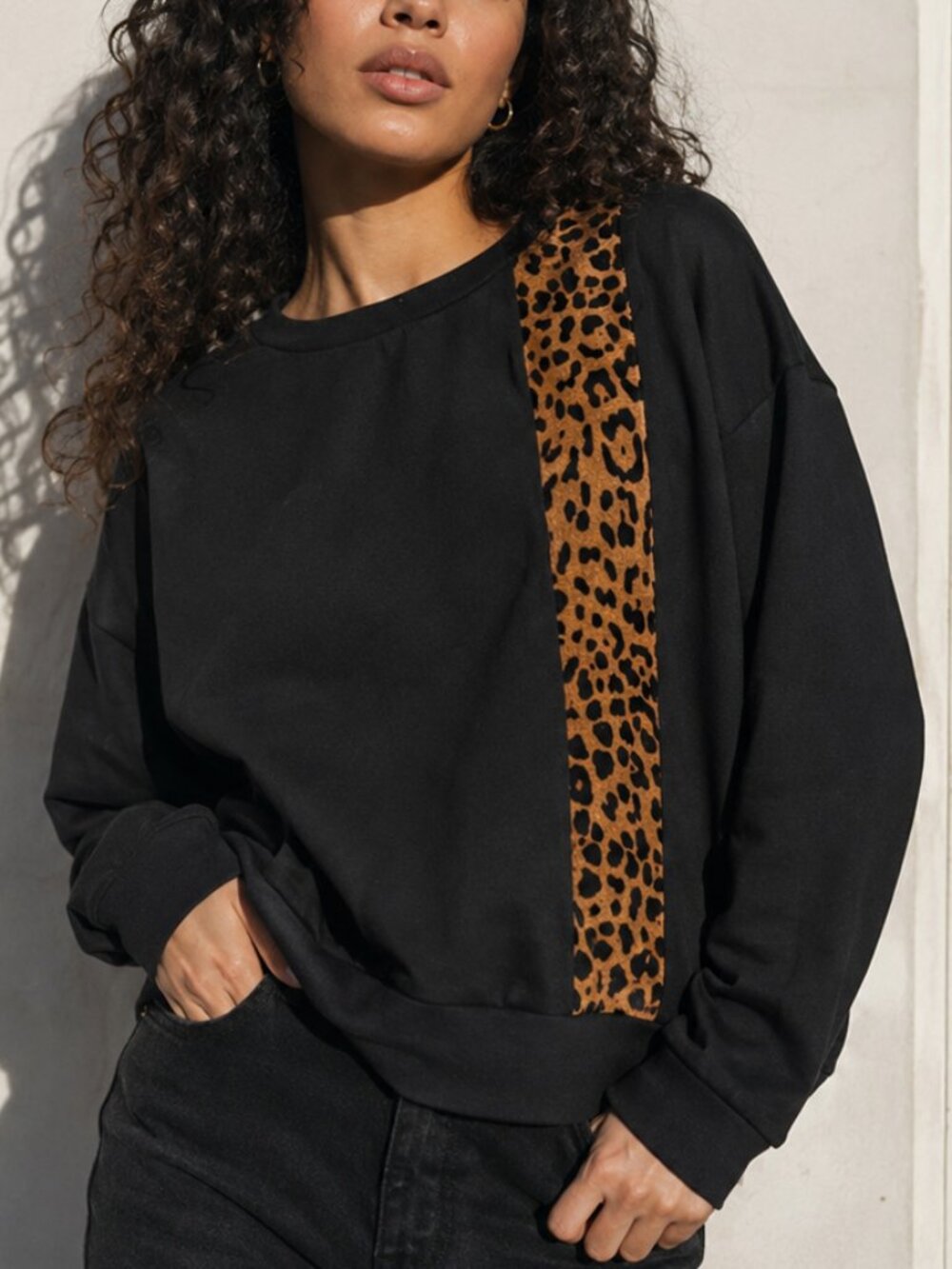 Mason Black Crew Neck Sweater Leopard Calf Hair Stripe